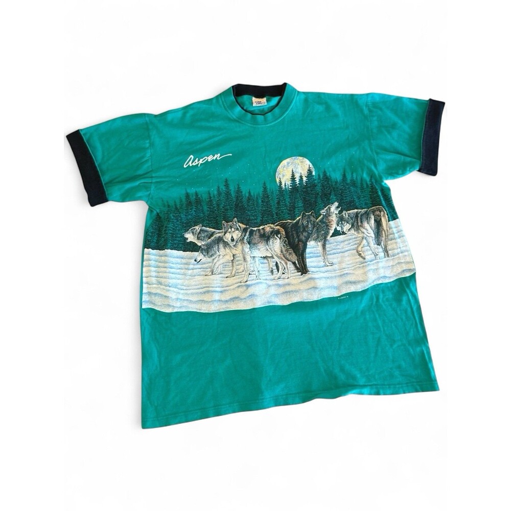 Vintage 1991 Aspen Colorado Wolf Pack T-Shirt Cal Cru Habitat Wildlife AOP Large